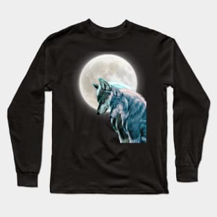 Stunning Couple Wolves - Moon in background Long Sleeve T-Shirt